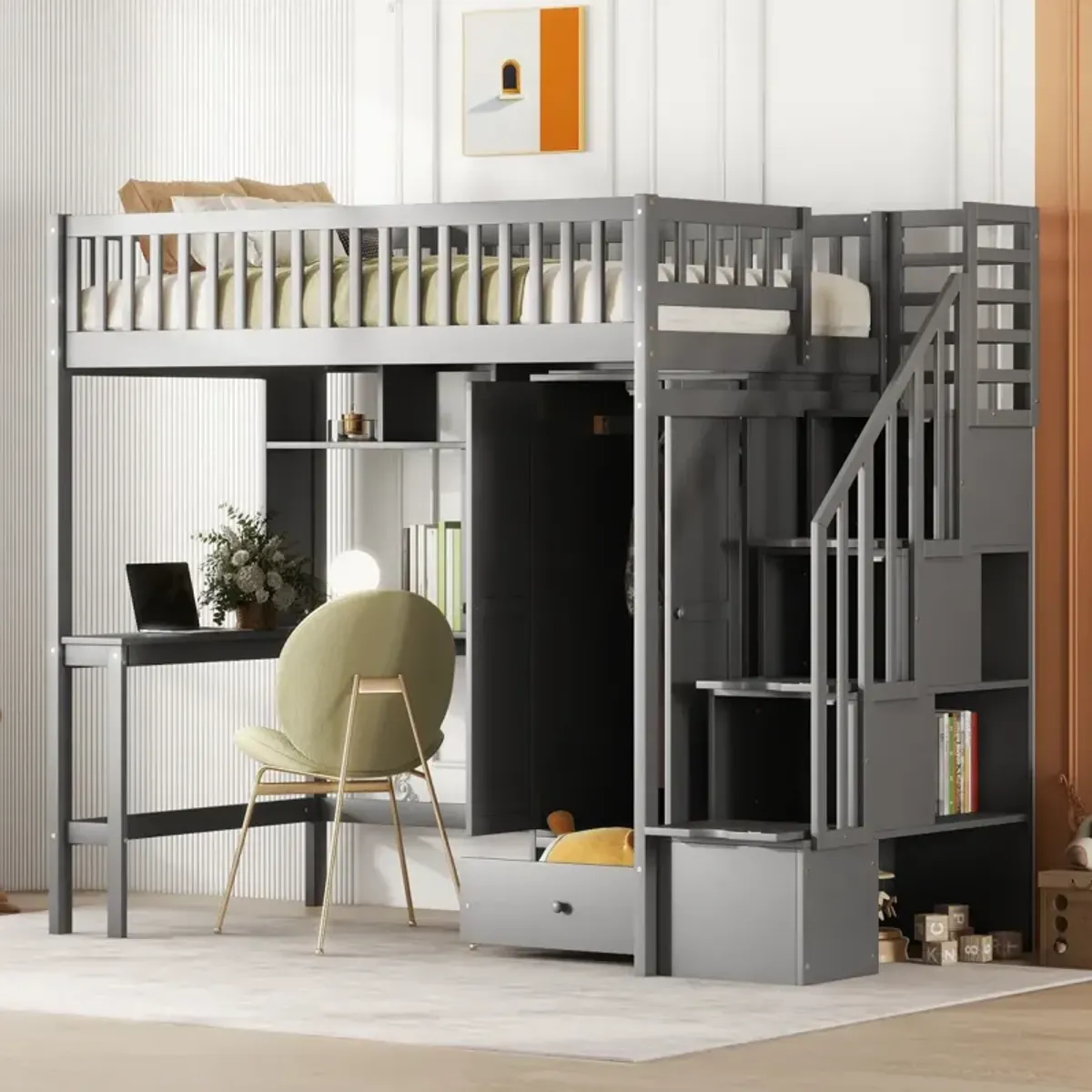 Twin size Loft Bed with Bookshelf, Drawers, Desk, and Wardrobe Gray