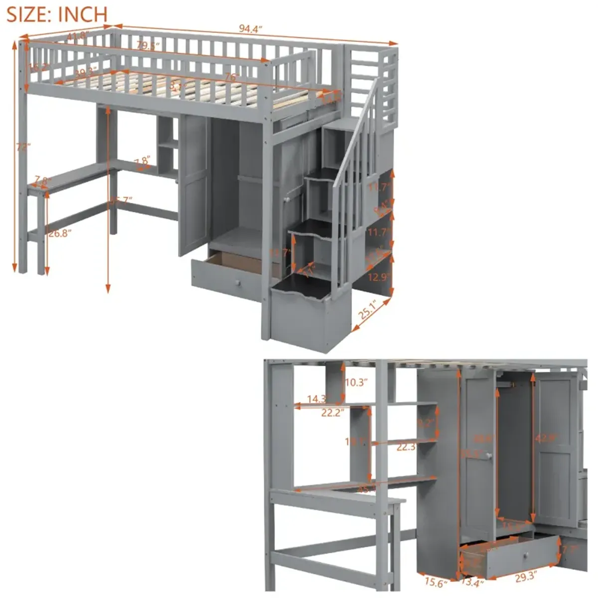 Twin size Loft Bed with Bookshelf, Drawers, Desk, and Wardrobe Gray