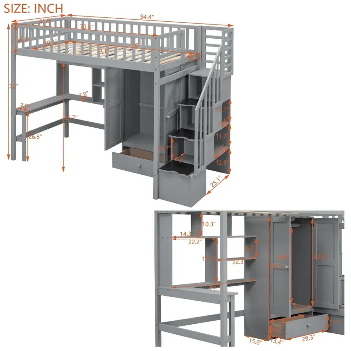 Twin size Loft Bed with Bookshelf, Drawers, Desk, and Wardrobe Gray