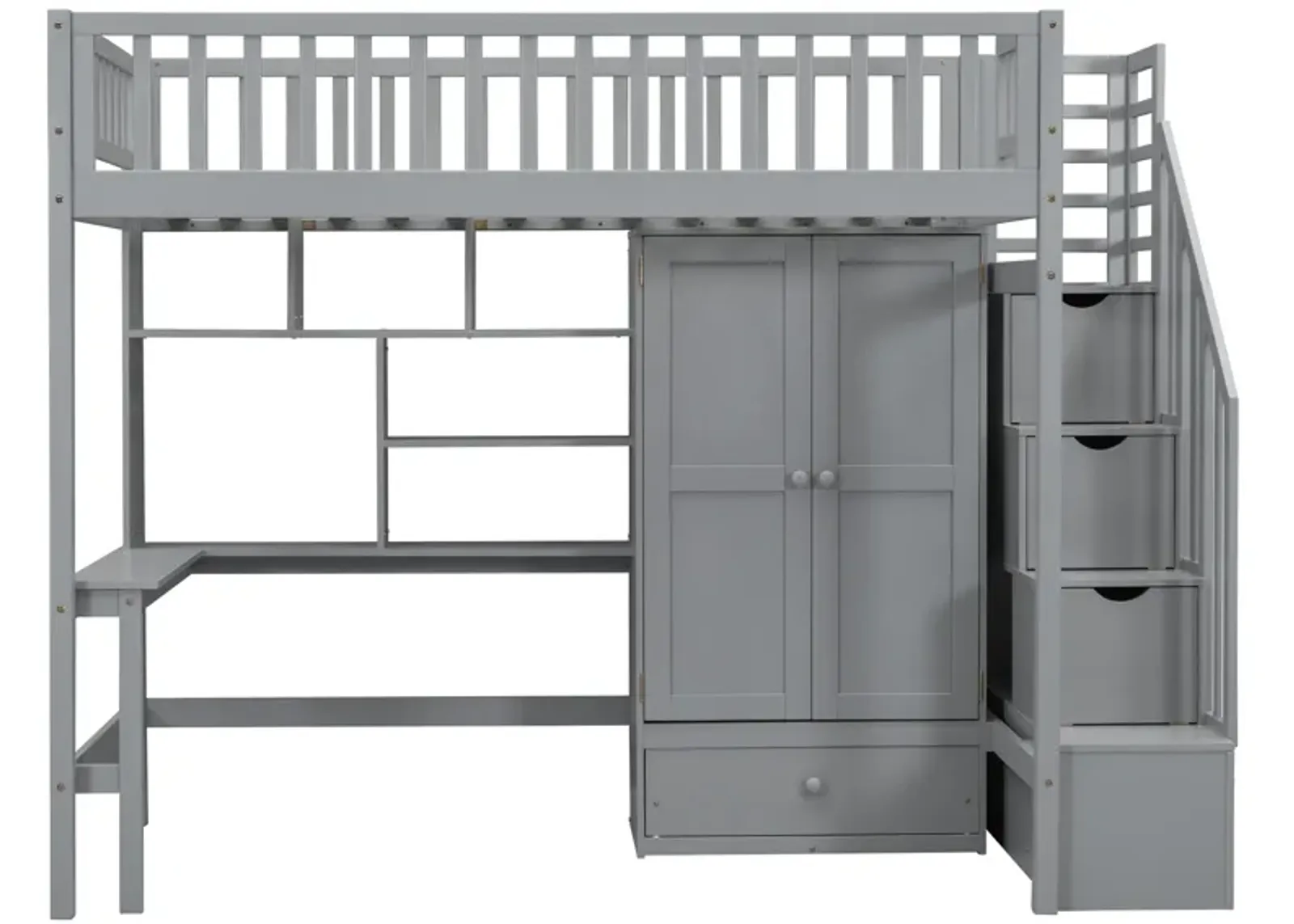 Twin size Loft Bed with Bookshelf, Drawers, Desk, and Wardrobe Gray