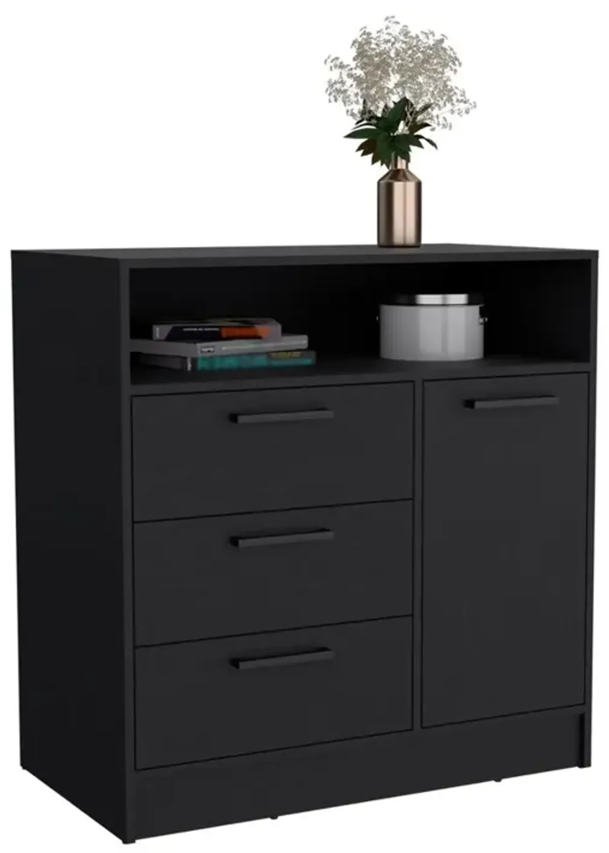 Dresser with Spacious 3-Drawer and Single-Door Storage Cabinet, Black