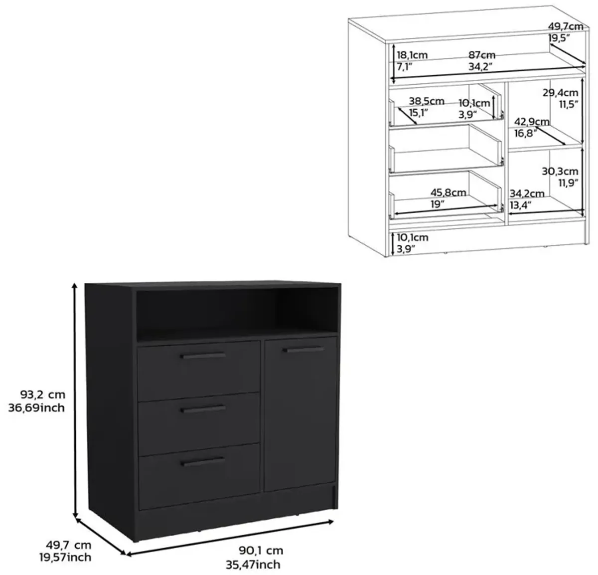 Dresser with Spacious 3-Drawer and Single-Door Storage Cabinet, Black