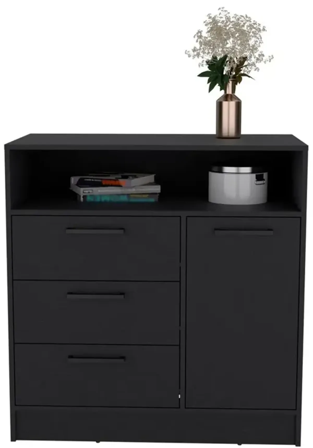 Dresser with Spacious 3-Drawer and Single-Door Storage Cabinet, Black