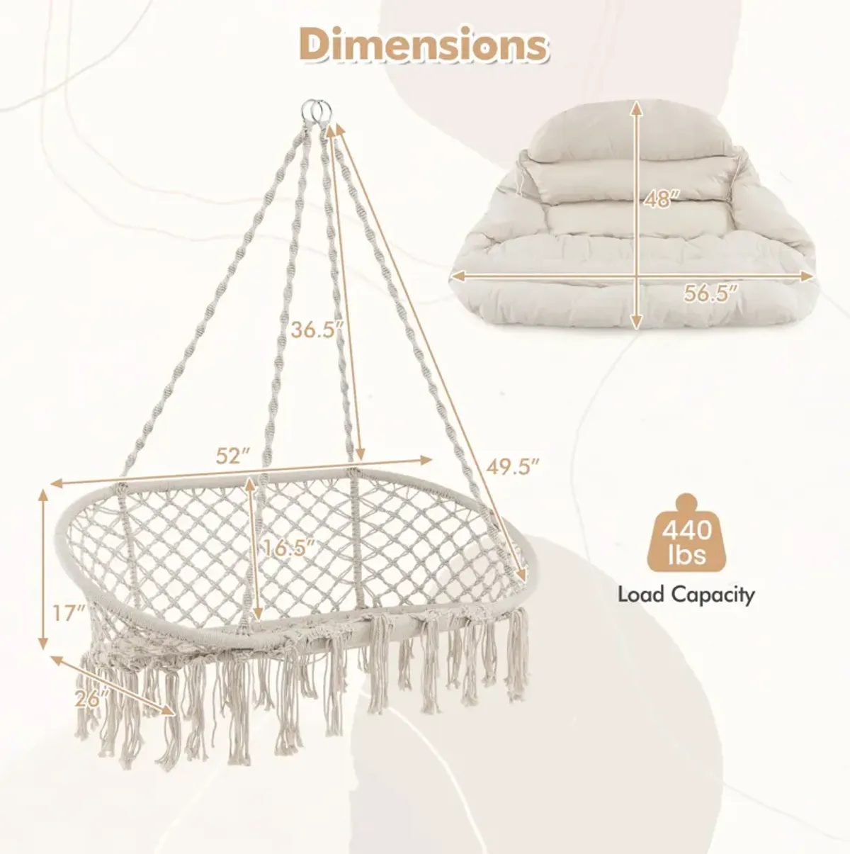 Hand-Woven Rope Hanging Chair with Thick Cushion and Folding Metal Frame