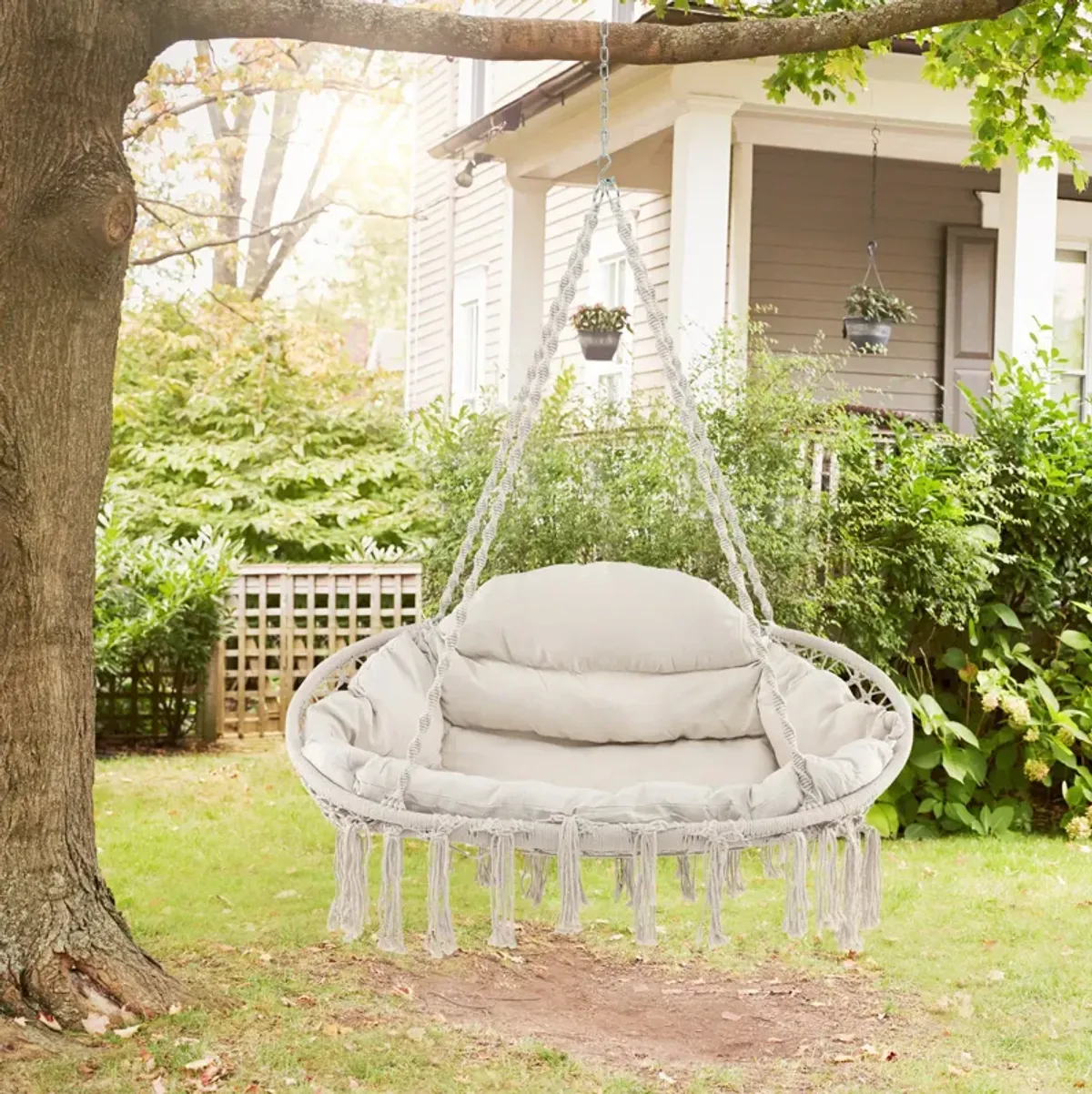 Hand-Woven Rope Hanging Chair with Thick Cushion and Folding Metal Frame