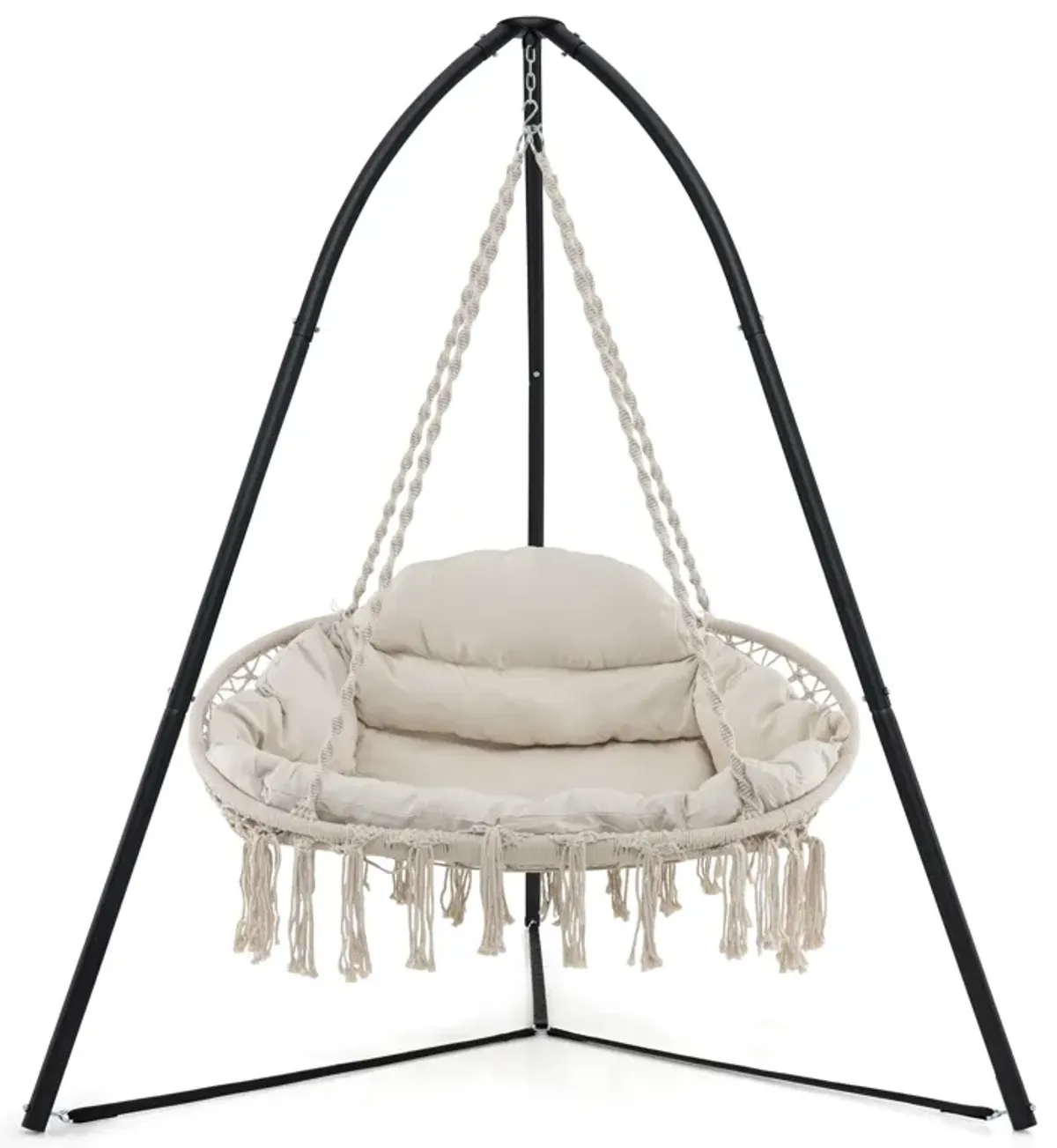 Hand-Woven Rope Hanging Chair with Thick Cushion and Folding Metal Frame