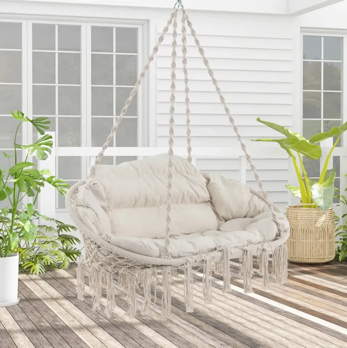 Hand-Woven Rope Hanging Chair with Thick Cushion and Folding Metal Frame