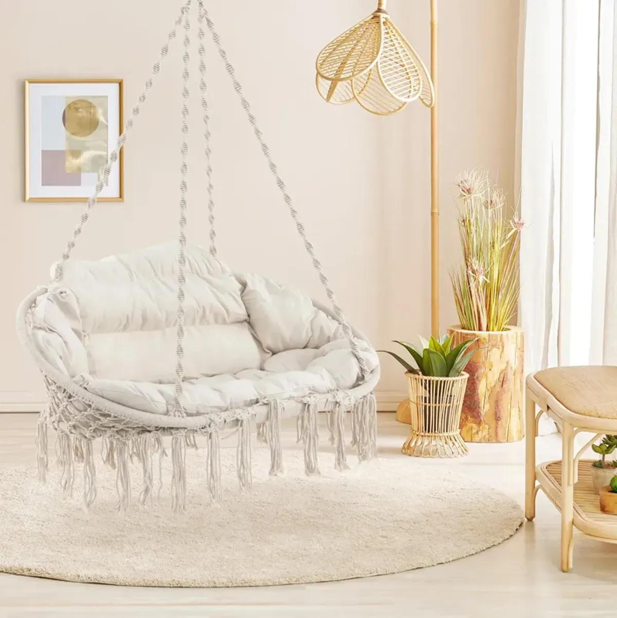 Hand-Woven Rope Hanging Chair with Thick Cushion and Folding Metal Frame