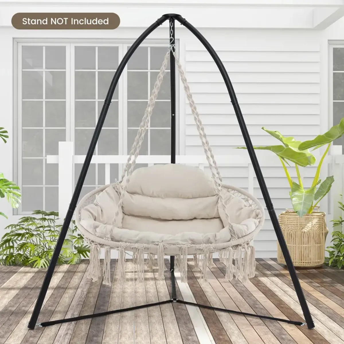 Hand-Woven Rope Hanging Chair with Thick Cushion and Folding Metal Frame