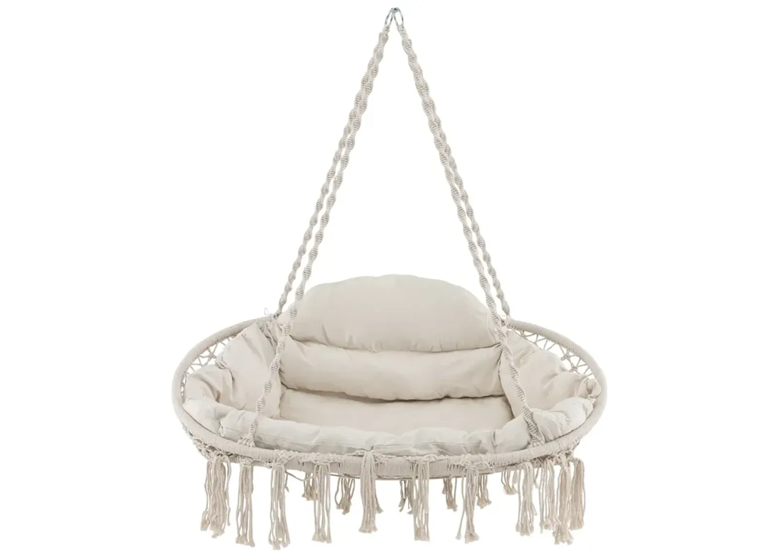 Hand-Woven Rope Hanging Chair with Thick Cushion and Folding Metal Frame