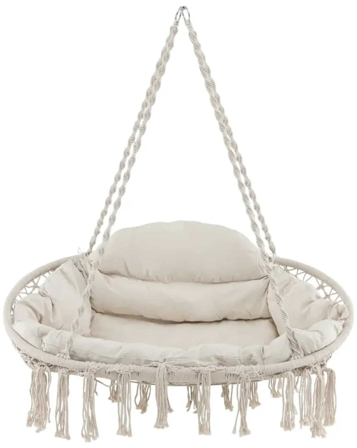 Hand-Woven Rope Hanging Chair with Thick Cushion and Folding Metal Frame