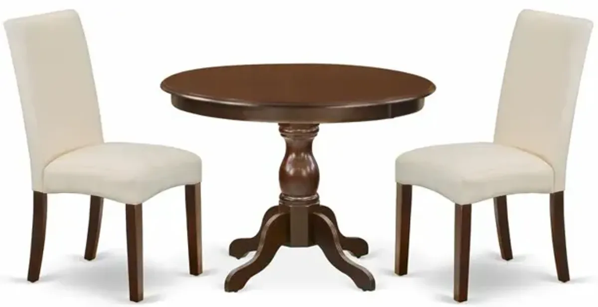 East West Furniture HBDR3-MAH-01 3 Piece Dining Room Table Set - Mahogany Round Dining Table and 2 Cream Linen Fabric Modern Dining Chairs with High Back - Mahogany Finish