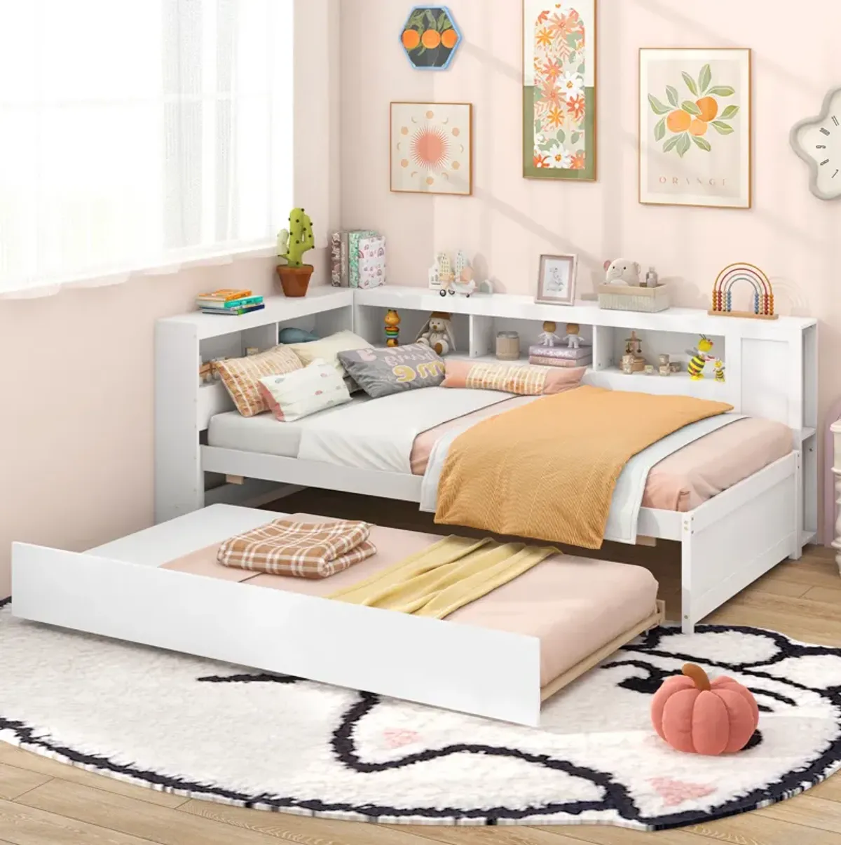 Daybed Platform Bed Frame with Trundle and Bedside Shelves for Space-Saving and Convenient Storage