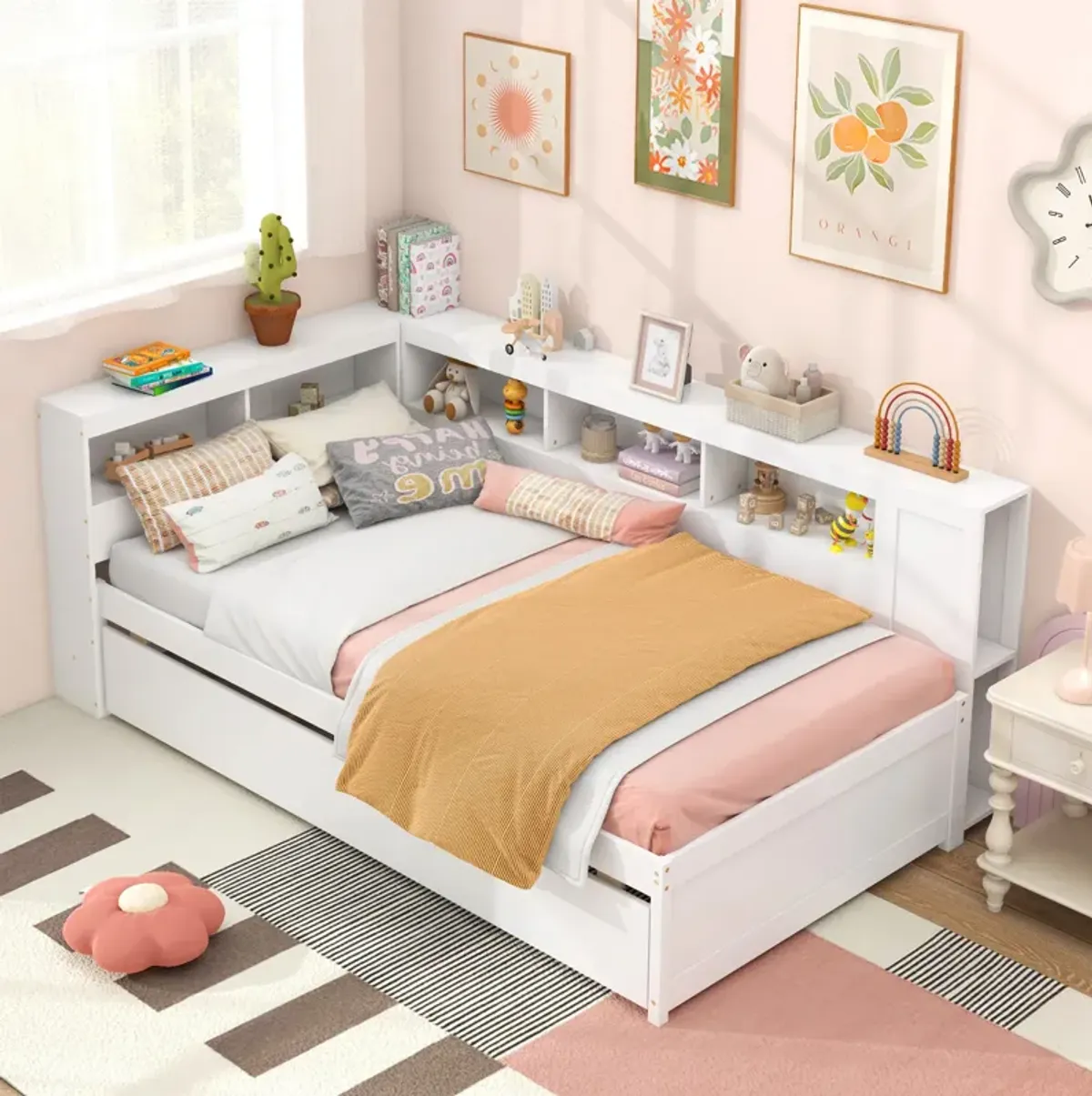 Daybed Platform Bed Frame with Trundle and Bedside Shelves for Space-Saving and Convenient Storage