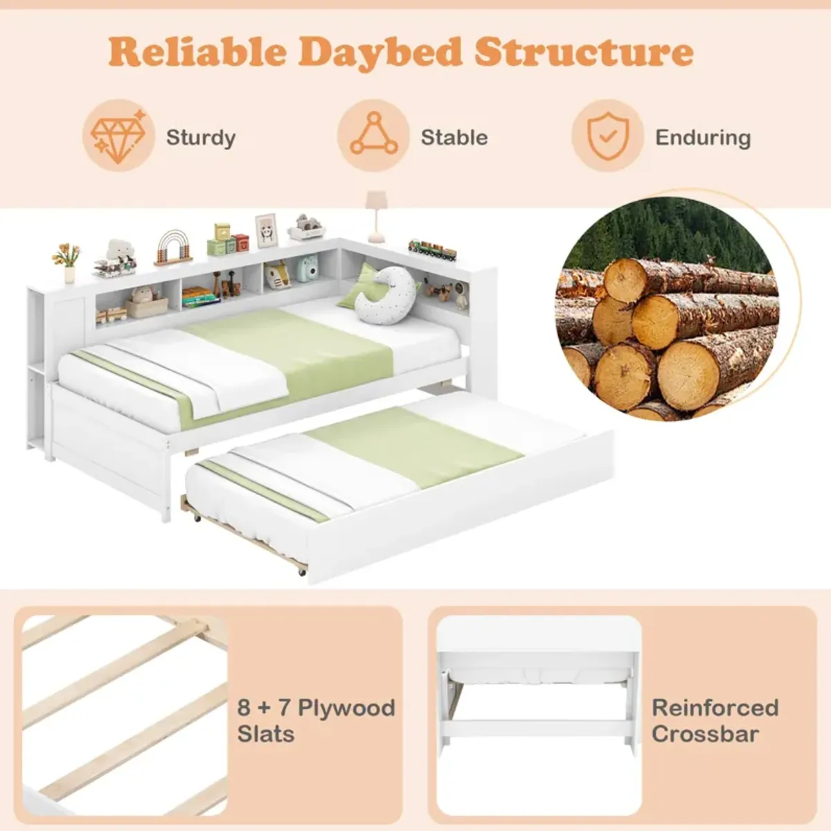 Daybed Platform Bed Frame with Trundle and Bedside Shelves for Space-Saving and Convenient Storage