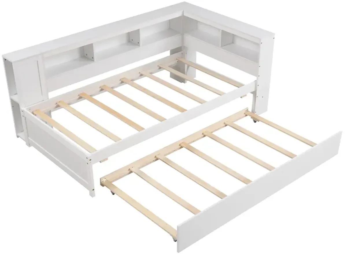 Daybed Platform Bed Frame with Trundle and Bedside Shelves for Space-Saving and Convenient Storage