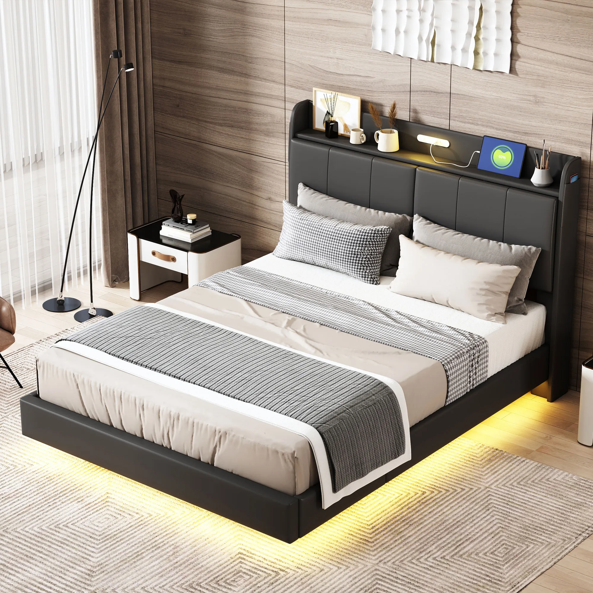 Merax Modern Upholstered Platform Bed with Storage Headboard