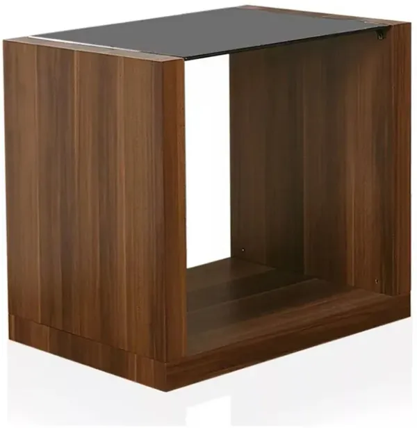 Bere 24 Inch Side End Table, Black Glass Top, Open Bottom Shelf, Brown Wood - Benzara