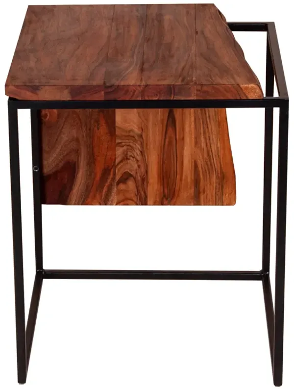 21 Inch Solid Acacia Wood Accent End Side Table, Live Edge, Metal Frame, Brown, Black-Benzara