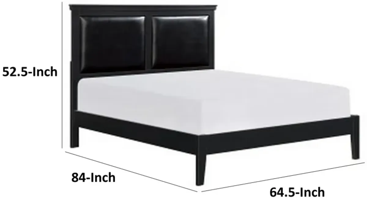 Brite Queen Size Bed, Black Faux Leather Upholstered Headboard, Low Profile - Benzara