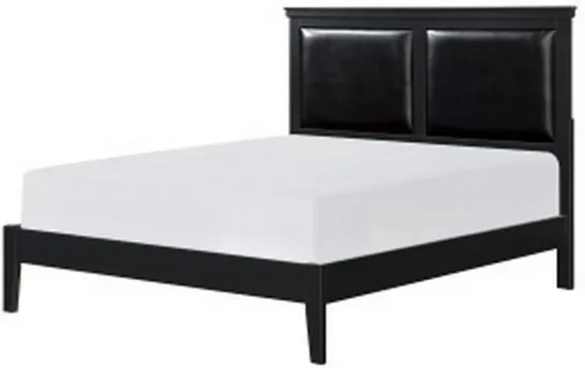 Brite Queen Size Bed, Black Faux Leather Upholstered Headboard, Low Profile - Benzara