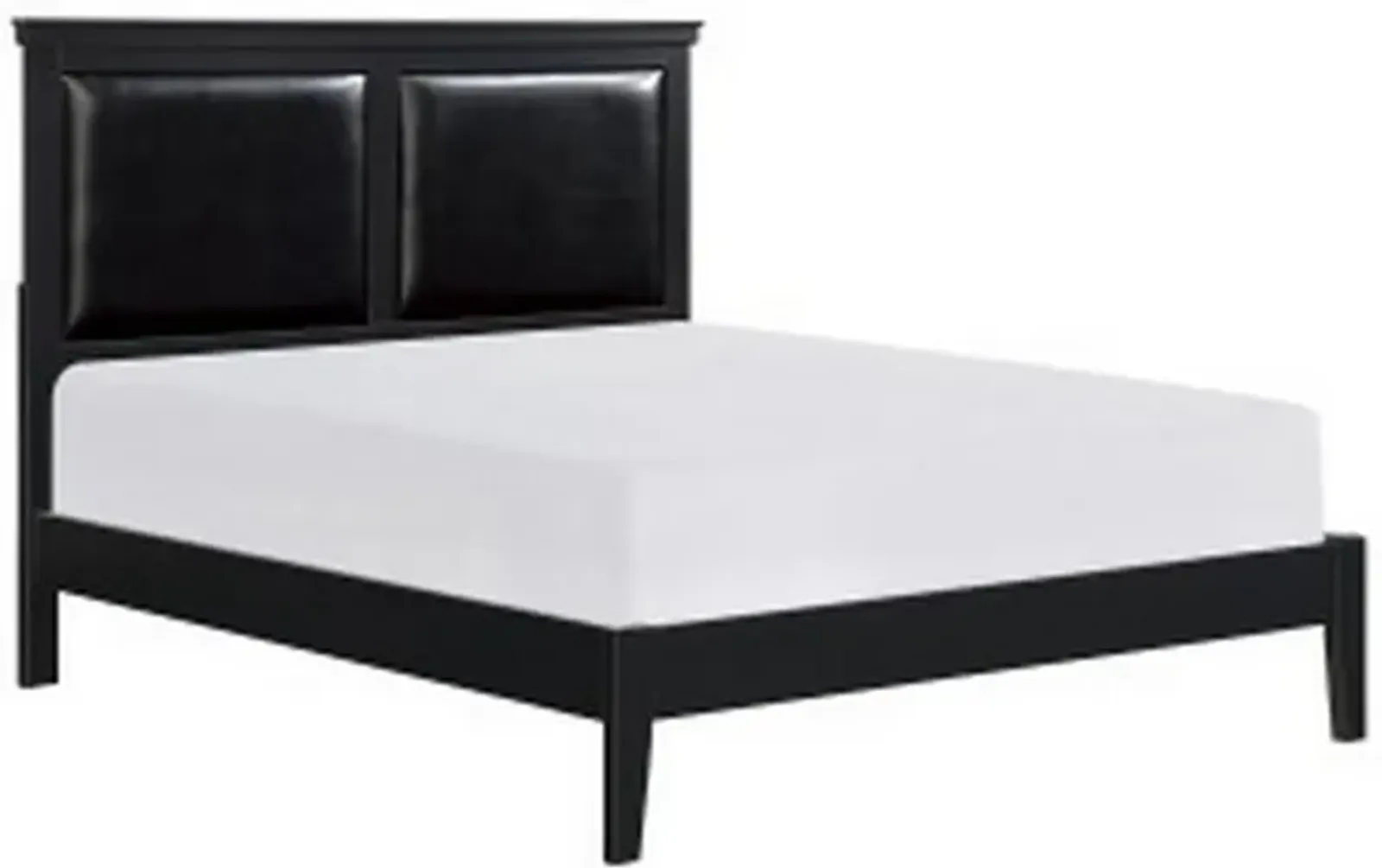 Brite Queen Size Bed, Black Faux Leather Upholstered Headboard, Low Profile - Benzara