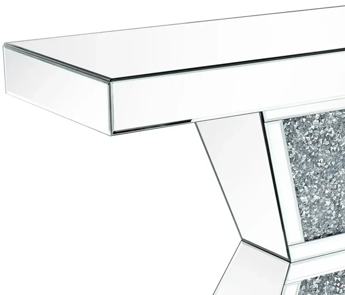 47 Inches Glass Top Console Table with Faux Stone Inlay, Silver-Benzara