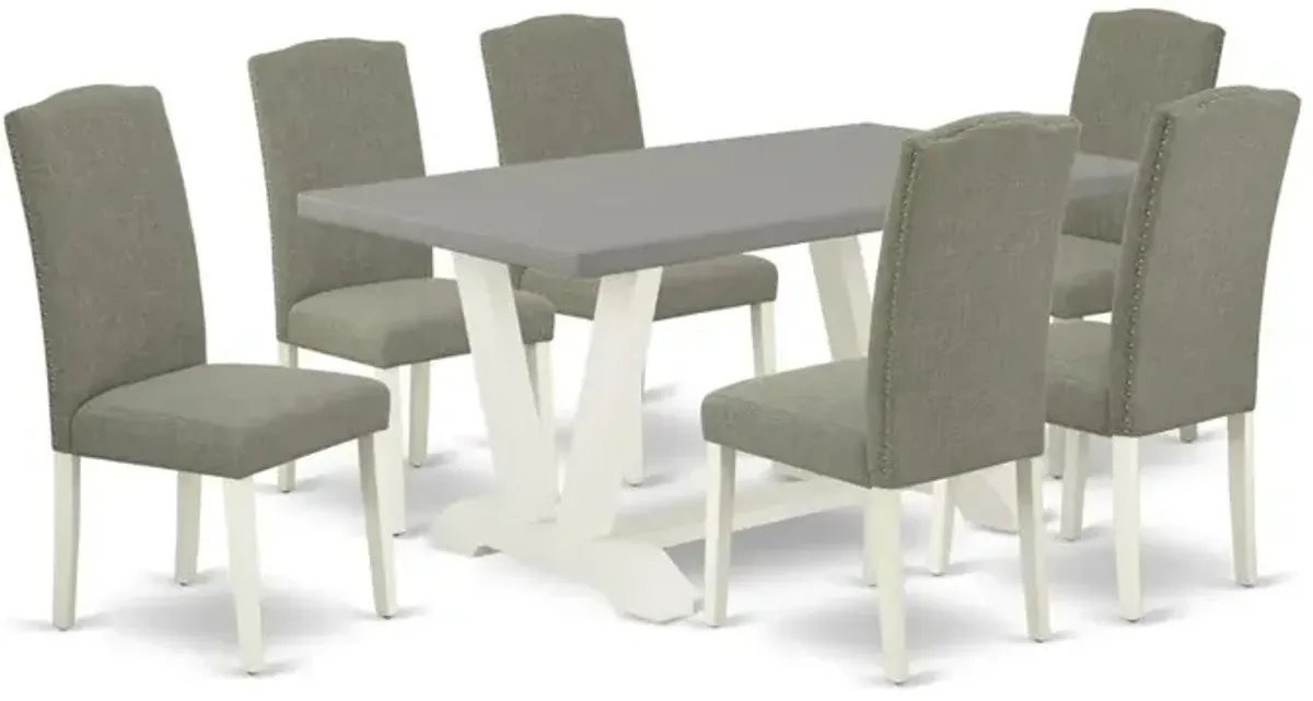 East West Furniture 7-Piece Fashionable Dining Room Table Set a Good Cement Color Kitchen Rectangular Table Top and 6 Excellent Linen Fabric Parson Chairs with Nail Heads and Stylish Chair Back, Linen