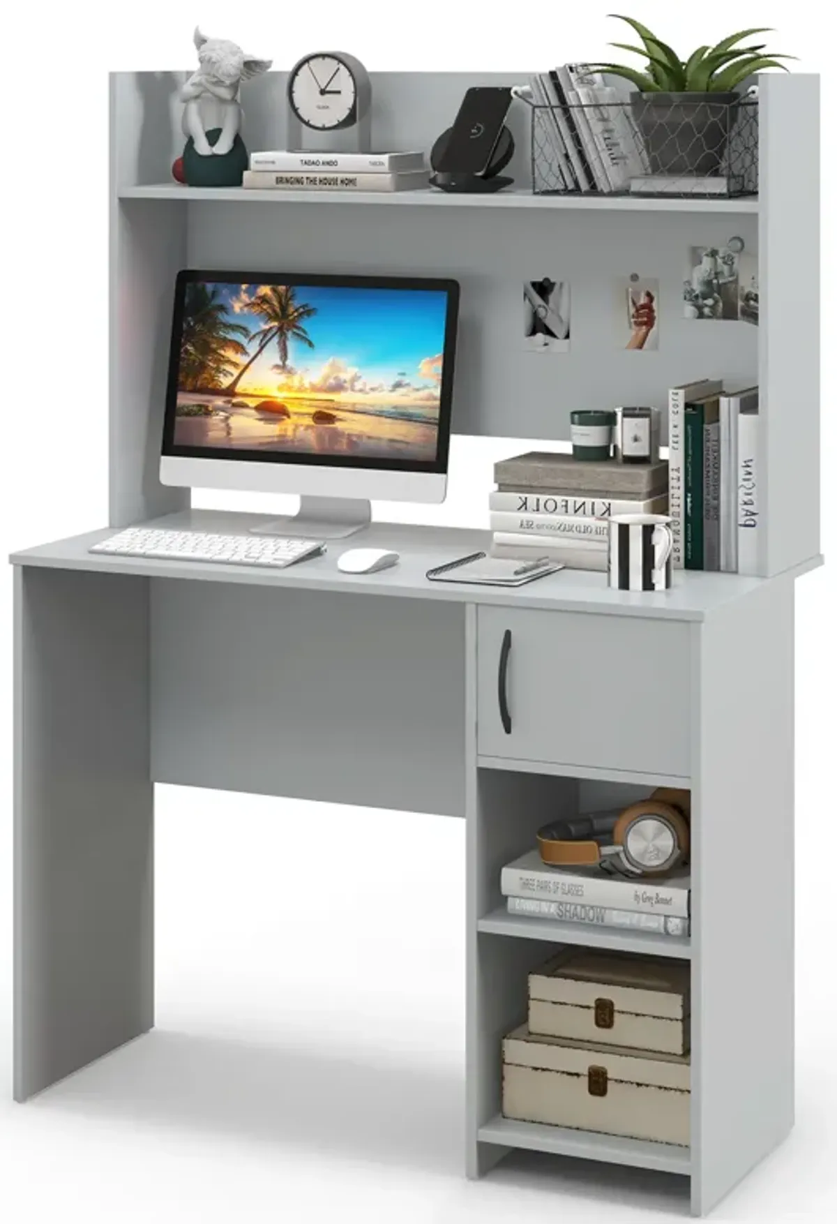 Home Office Desk with Raised Display Shelf and 2 Open Shelves