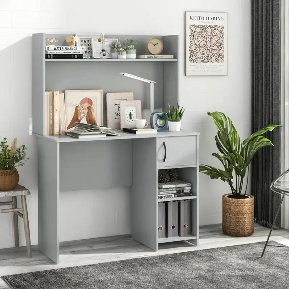 Home Office Desk with Raised Display Shelf and 2 Open Shelves