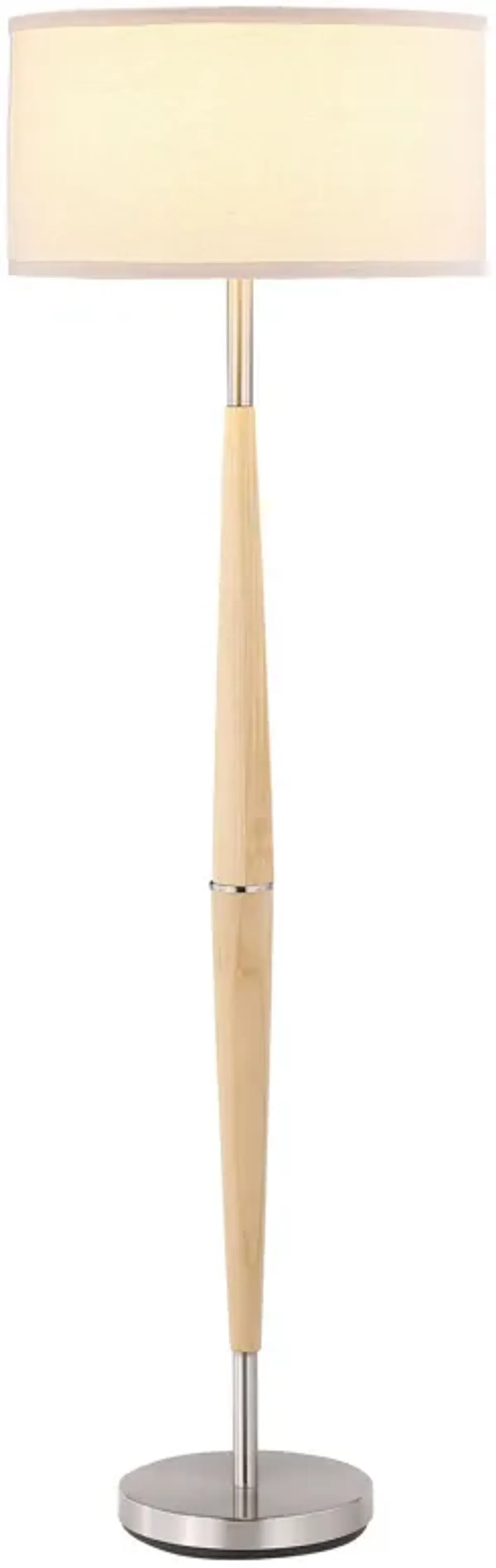 Nary Floor Lamp, 58 Inch Tapered Wood Stem, White Fabric, Chrome Metal - Benzara