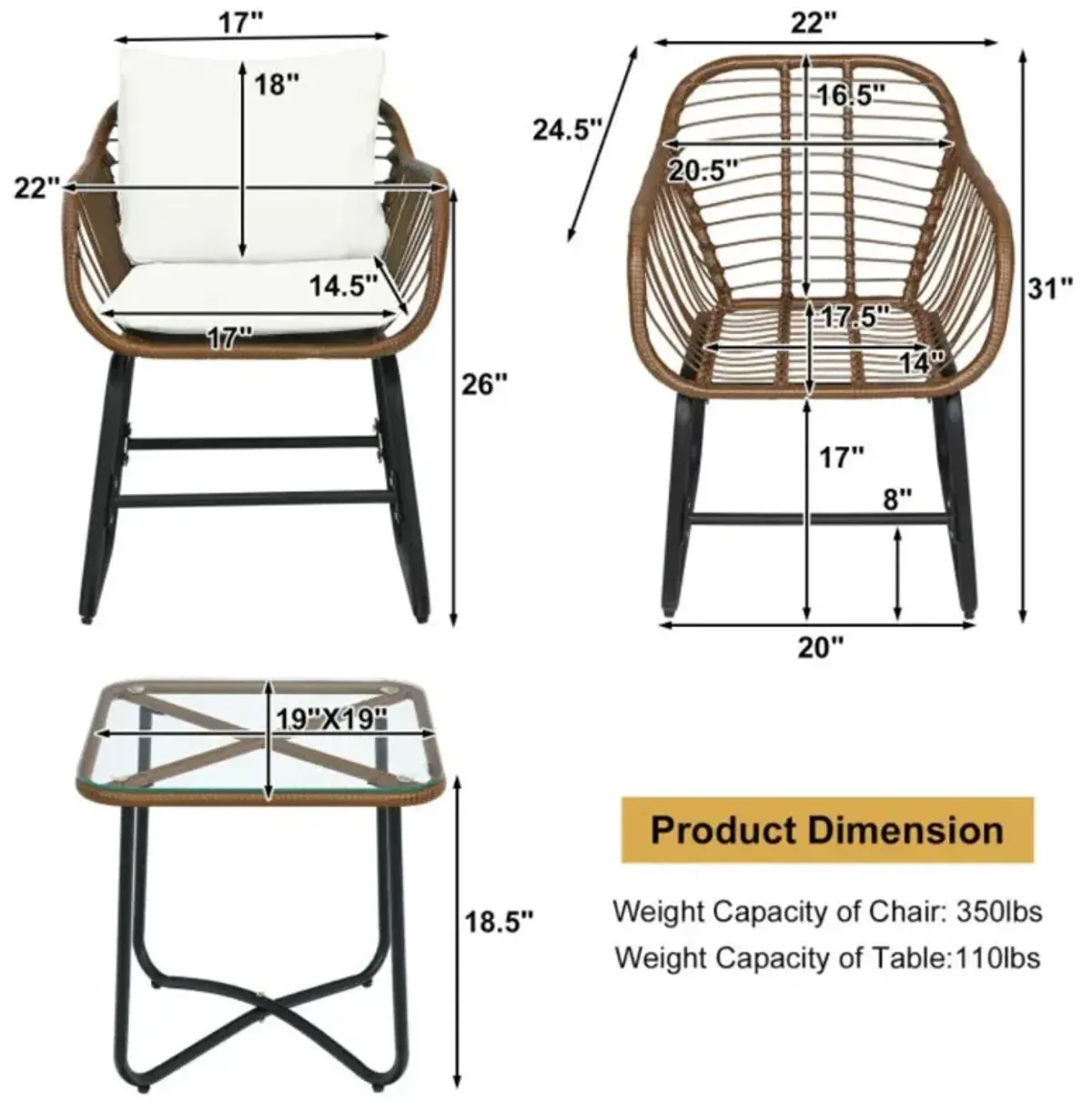 Hivvago 3 Pieces Patio Rattan Bistro Set with Cushions and Glass Table