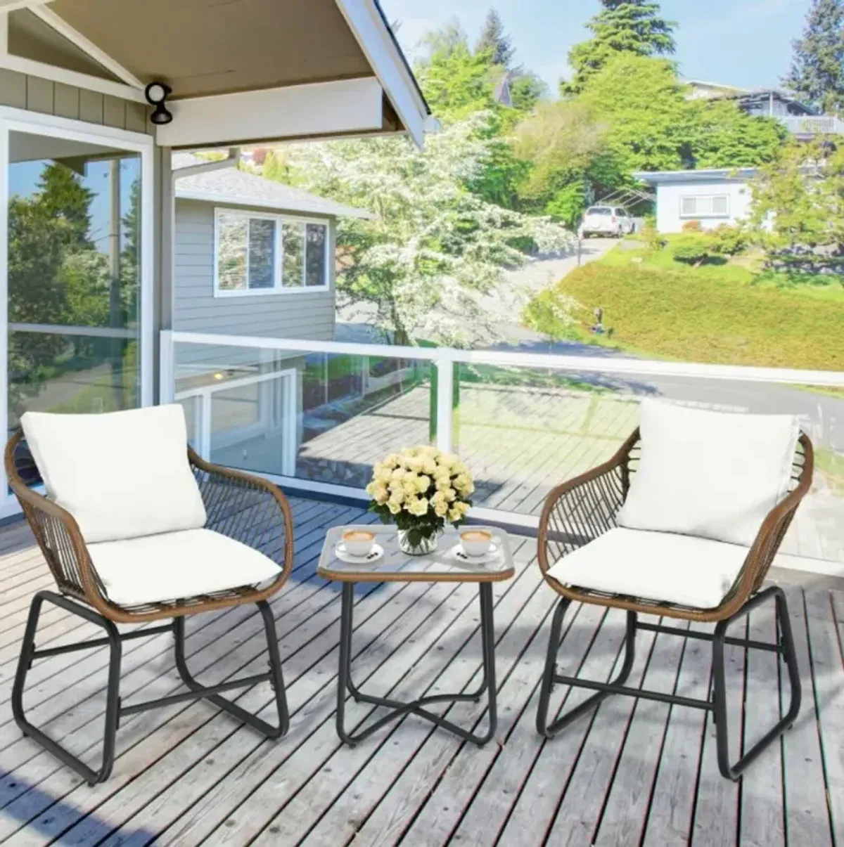 Hivvago 3 Pieces Patio Rattan Bistro Set with Cushions and Glass Table