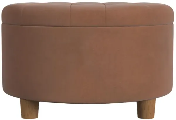 Jo Storage Ottoman, 28 Inch Round Tufted Lift Top, Spice Brown Velvet