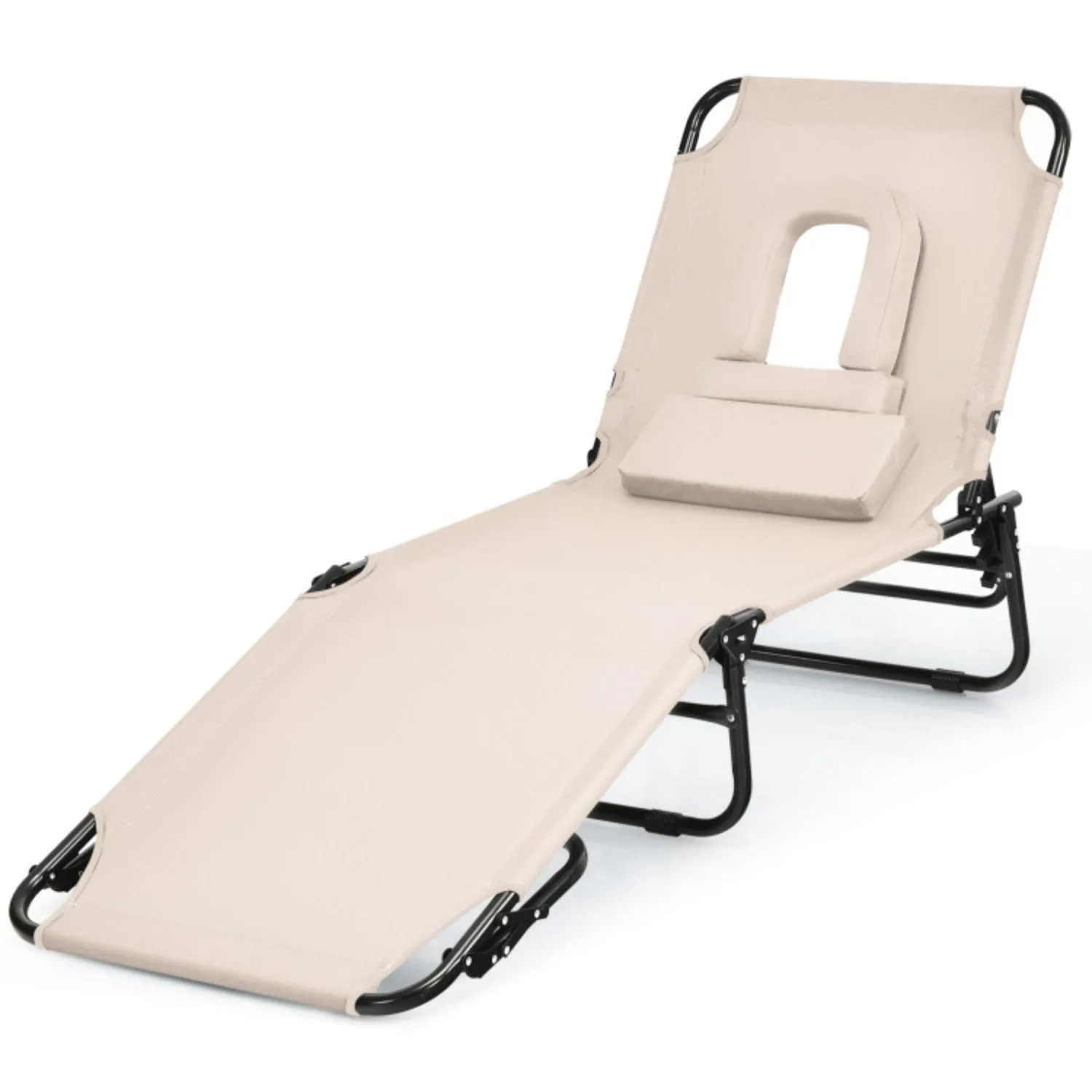 Hivvago Outdoor Folding Chaise Lounger with Hand Rope and Detachable Pillow