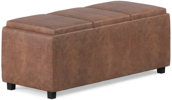 Avalon 42 inch Wide Contemporary Rectangle Storage Ottoman in Distressed Saddle Brown Vegan Faux Leather, Assembled