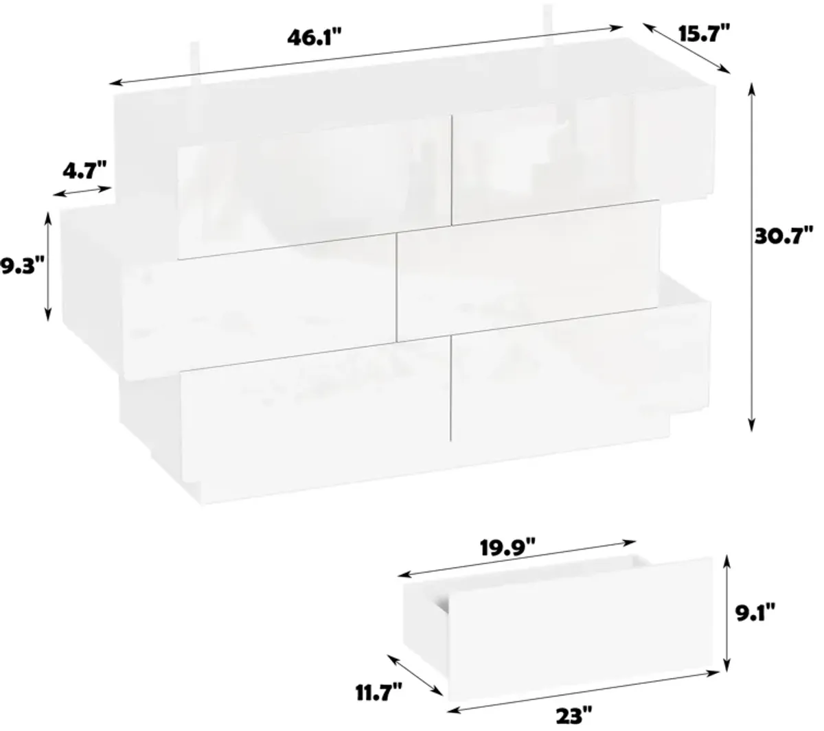 15.7 in. D x 30.7 in. H High Gloss White Wood 6-Drawer 46.1 in. W Chest of Drawers Storage Cabinet Modern Style