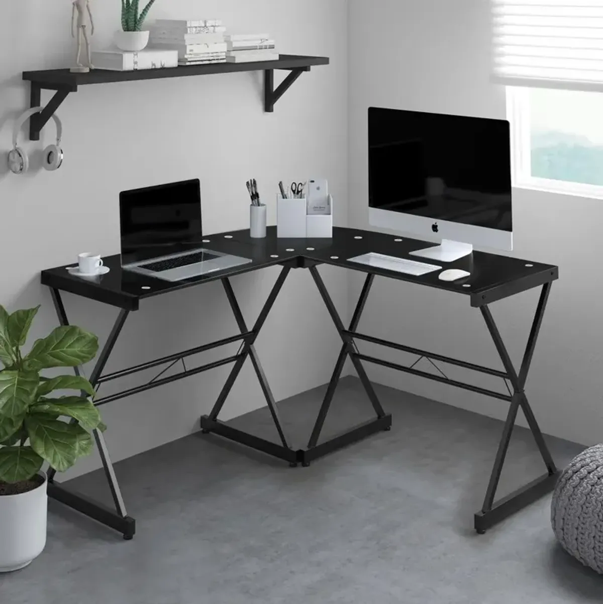 Black L-shaped Glass Computer Desk