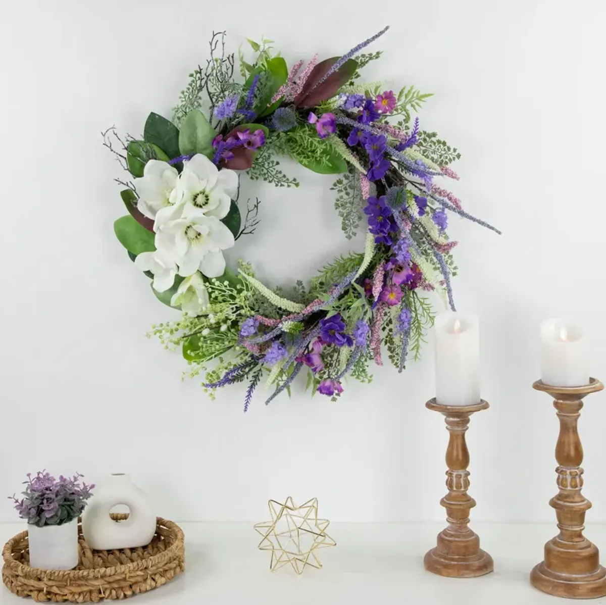 Mixed Wildflowers and Magnolias Artificial Spring Wreath  24-Inch