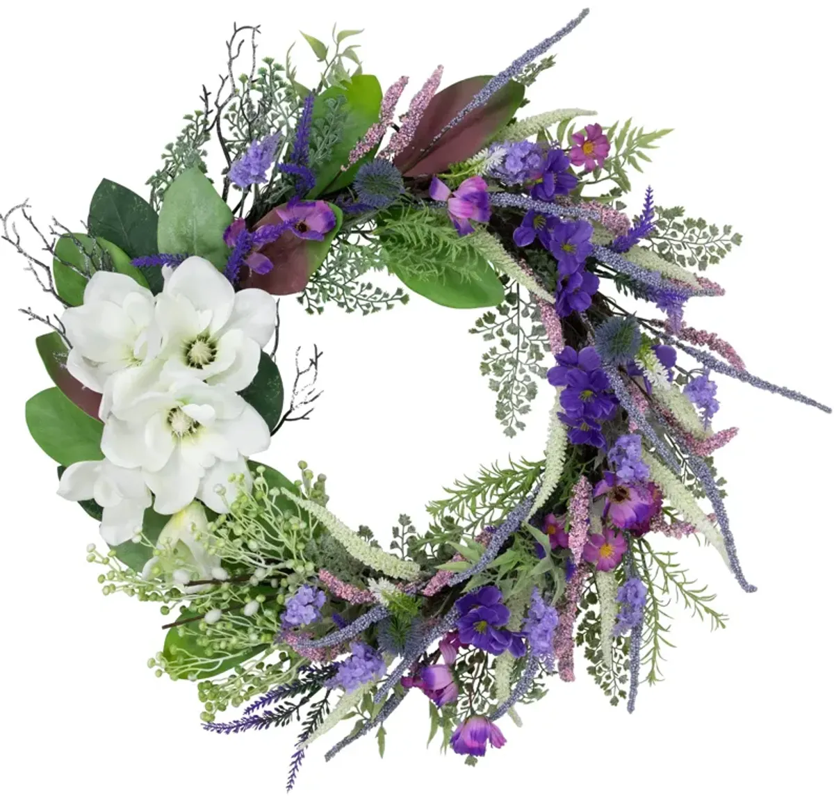 Mixed Wildflowers and Magnolias Artificial Spring Wreath  24-Inch