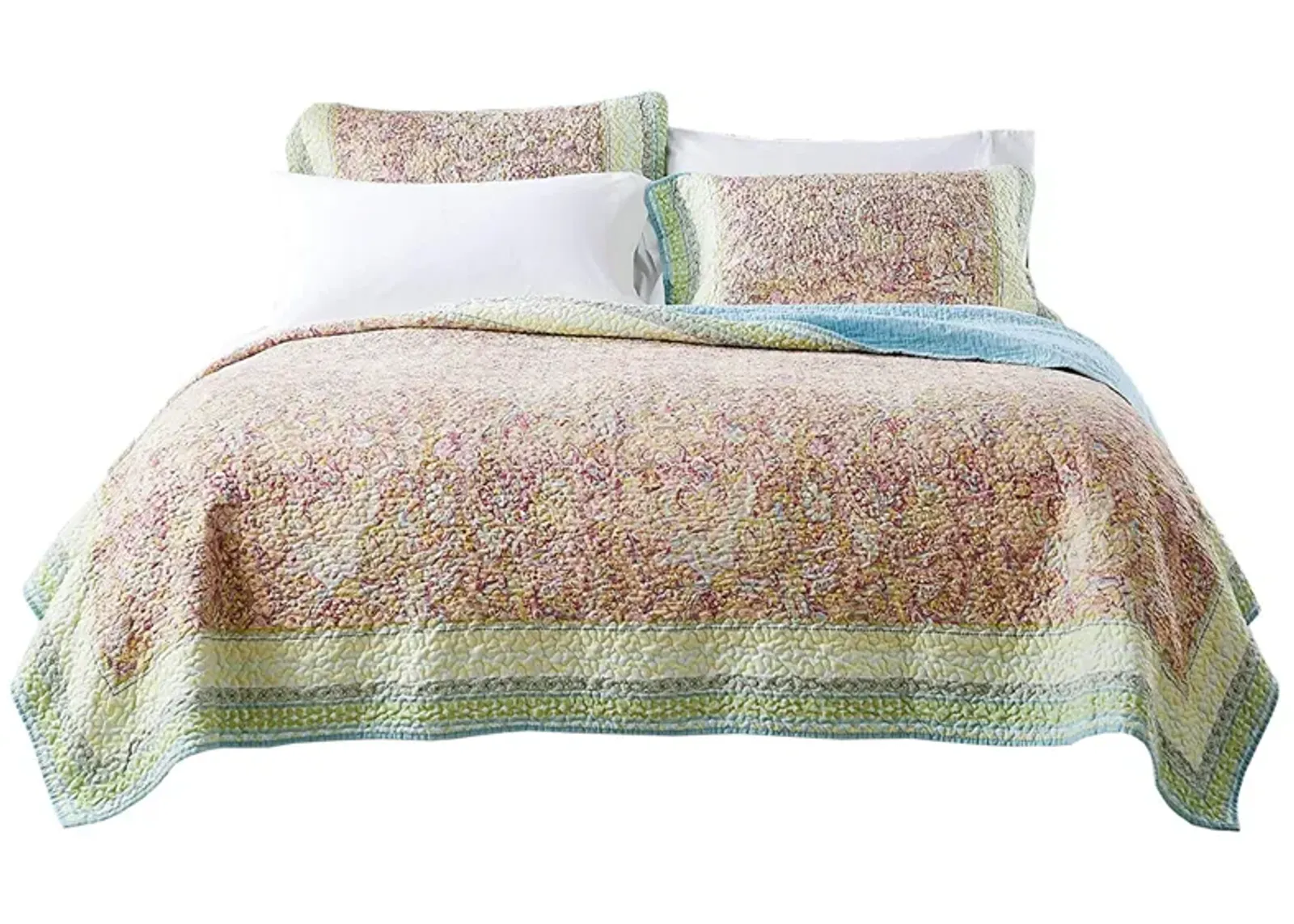 Denver 3 Piece Queen Cotton Quilt Set with Fern Branches Print, Multicolor - Benzara