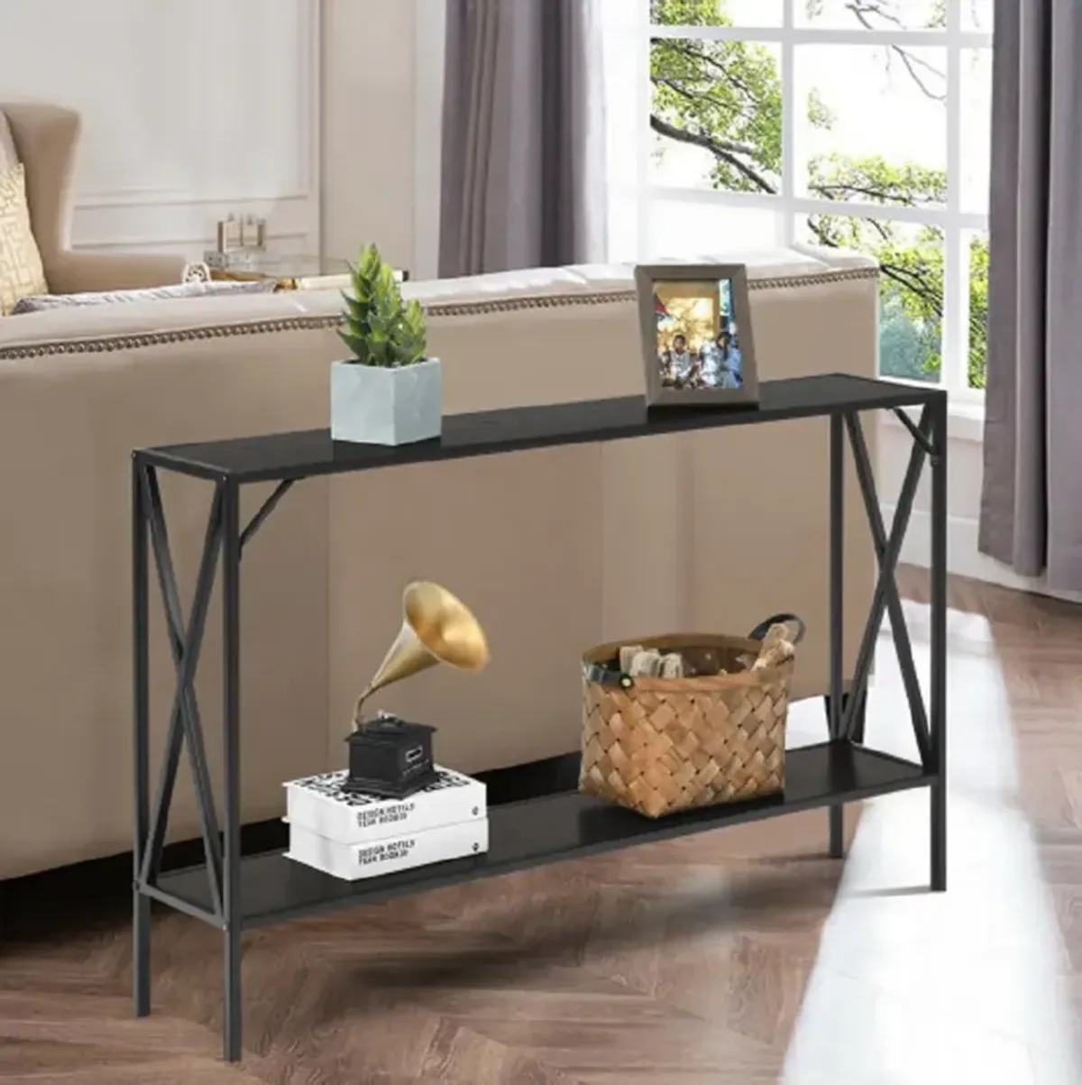 2 Tier Narrow Accent Side Entryway Metal Frame Console Table