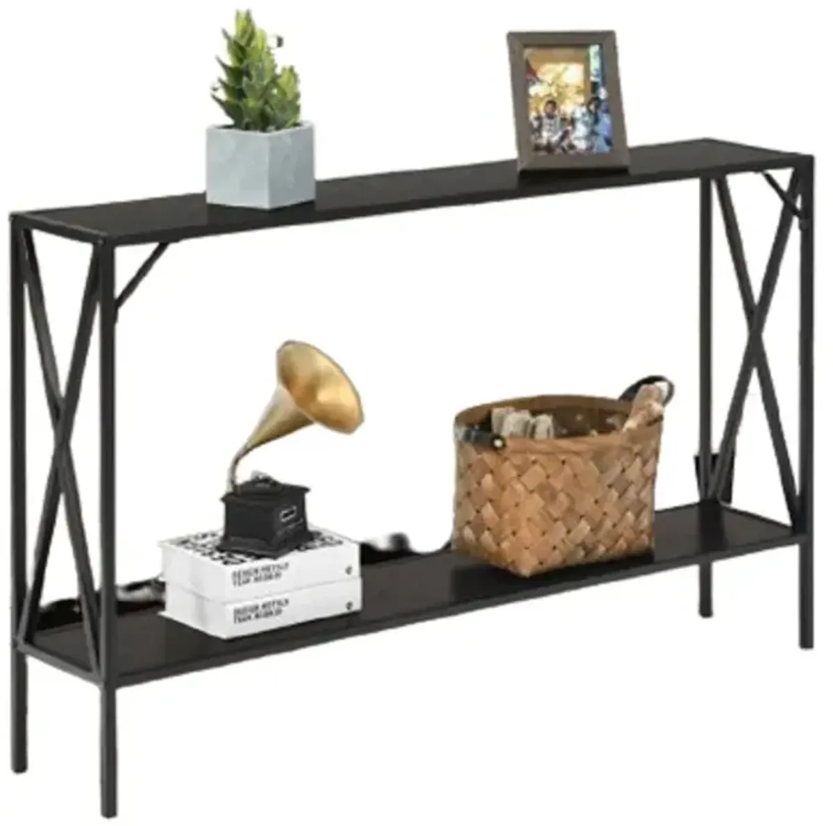 2 Tier Narrow Accent Side Entryway Metal Frame Console Table