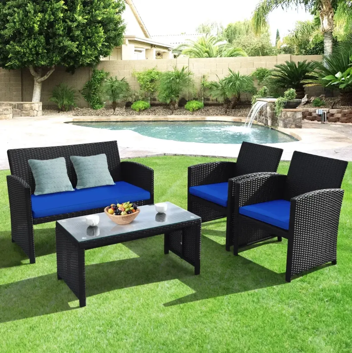 4 Pieces Rattan Patio Furniture Set with Weather Resistant Cushions and Tempered Glass Tabletop