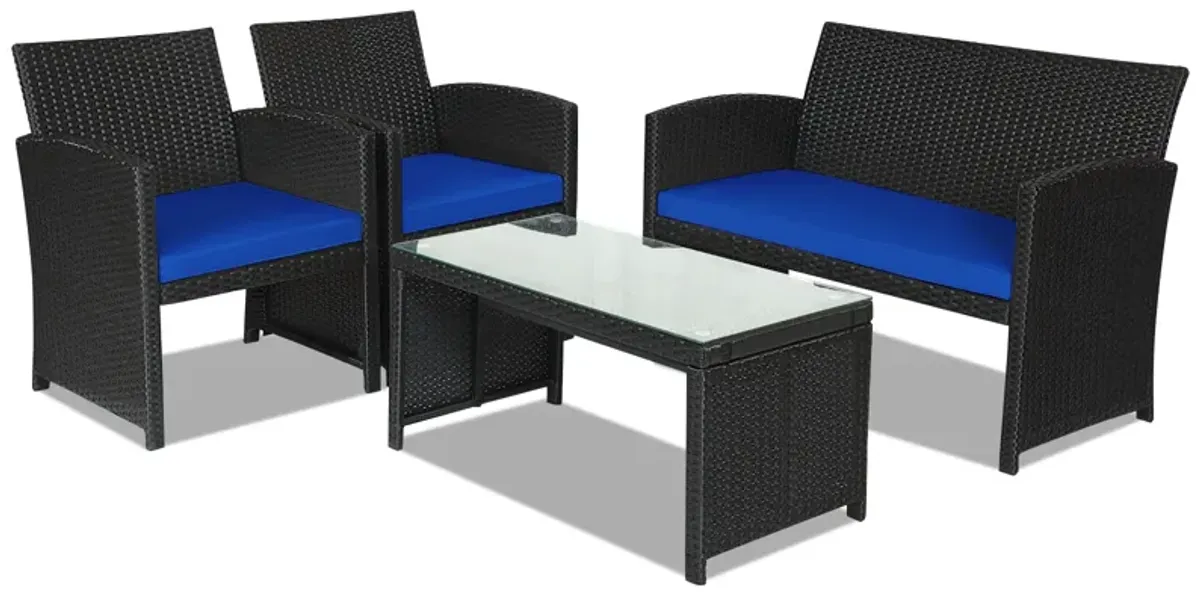 4 Pieces Rattan Patio Furniture Set with Weather Resistant Cushions and Tempered Glass Tabletop