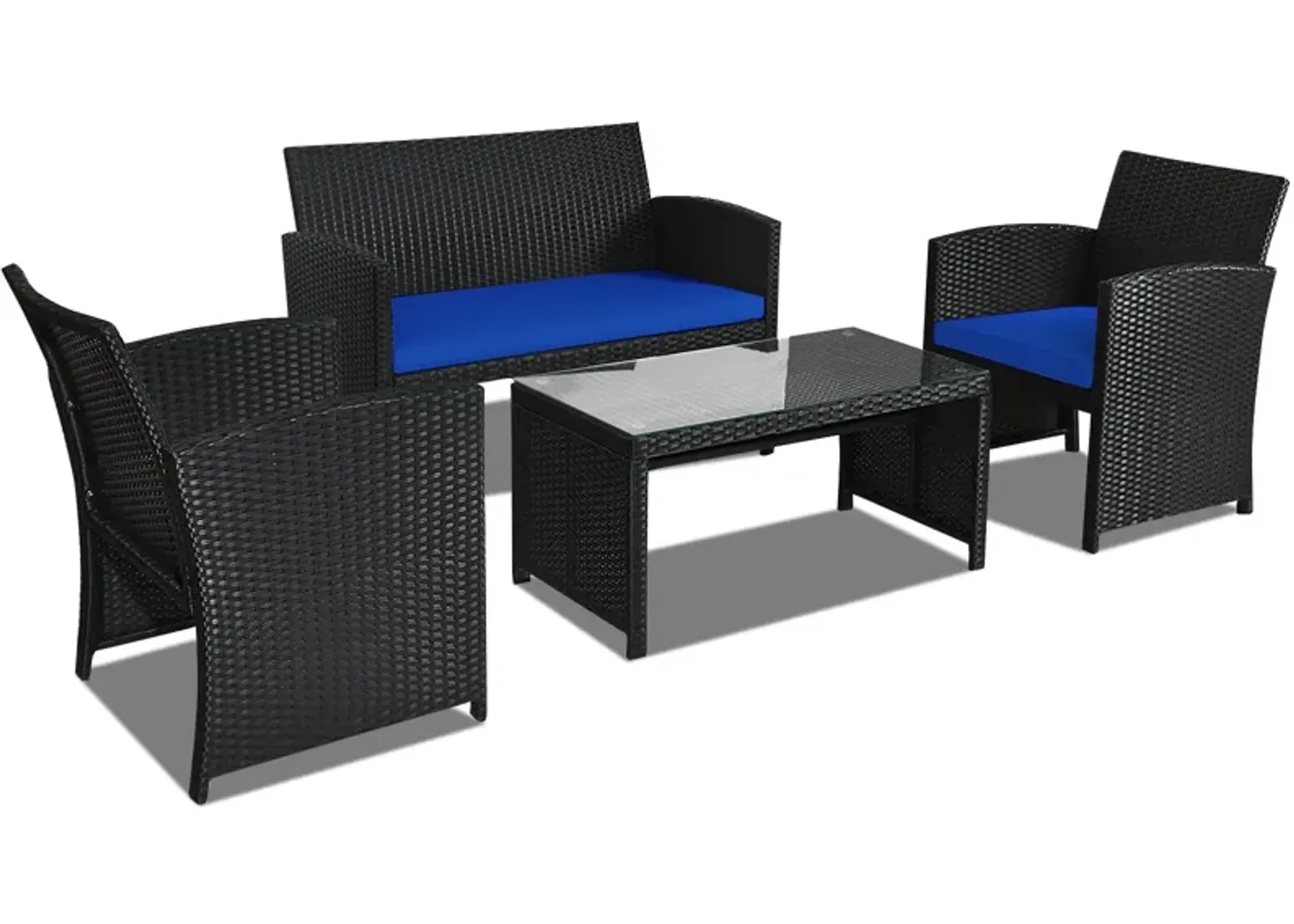 4 Pieces Rattan Patio Furniture Set with Weather Resistant Cushions and Tempered Glass Tabletop