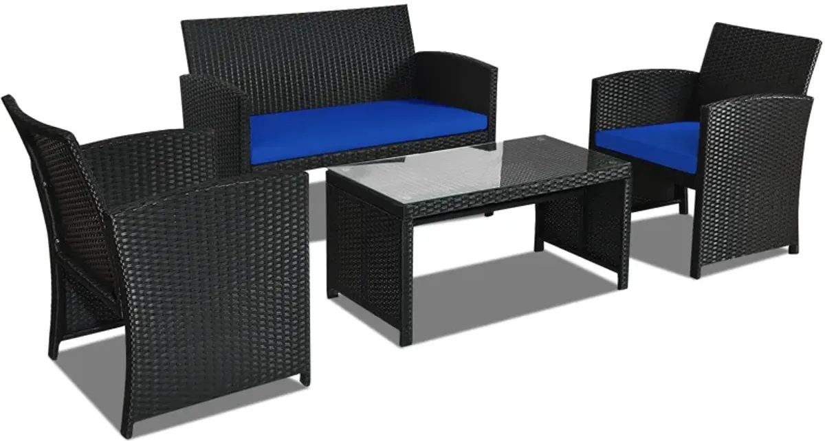 4 Pieces Rattan Patio Furniture Set with Weather Resistant Cushions and Tempered Glass Tabletop