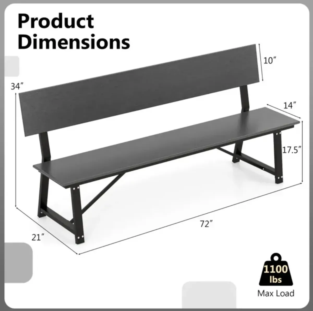 Hivvago 72 Inch Extra Long Bench with All-Weather HDPE Seat & Back for Yard Garden Porch