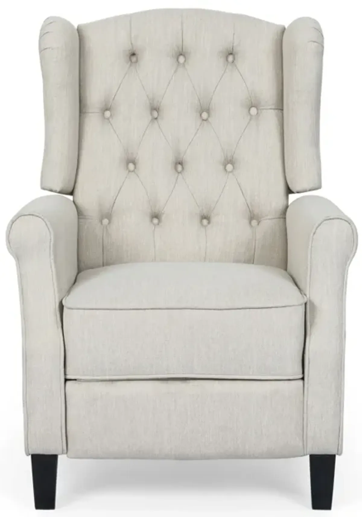 Push Back Recliner, Dark Brown Birch Wood, Beige Button Tufted Fabric - Benzara