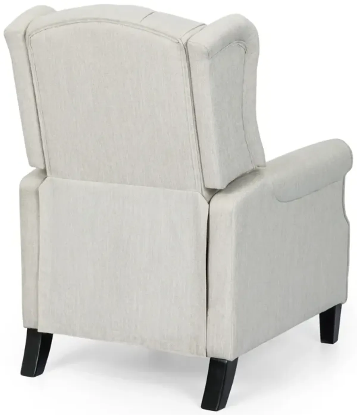 Push Back Recliner, Dark Brown Birch Wood, Beige Button Tufted Fabric - Benzara